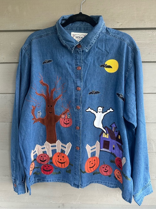 Tantrums Tops - Vintage 90s Halloween Denim Button Up with Pumpkin Appliqués Embroidered Size XL